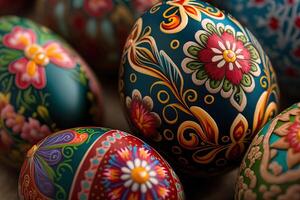 Close-up of painted eggs with floral patterns, easter eggs for easter celebration, Generative AI. Spring concept Easter eggs iridescent color, lustrous and pearly. photo