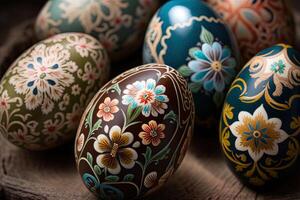 Close-up of painted eggs with floral patterns, easter eggs for easter celebration, . Spring concept Easter eggs iridescent color, lustrous and pearly. photo