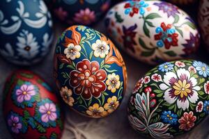 Close-up of painted eggs with floral patterns, easter eggs for easter celebration, . Spring concept Easter eggs iridescent color, lustrous and pearly. photo