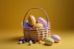 easter eggs in a basket against the backdrop of a white room, yellow pastel colors. Spring concept Easter eggs iridescent color, lustrous and pearly. Illustration photo