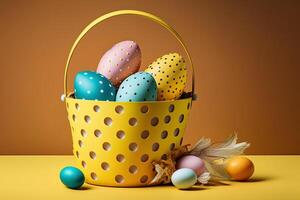 easter eggs in a basket against the backdrop of a white room, yellow pastel colors. Spring concept Easter eggs iridescent color, lustrous and pearly. Illustration photo