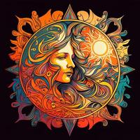 Happy abstract astral shape, moon and sun, art nouveau, expressionism. Mucha and tarot card inspired, strong color. photo