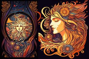 Happy abstract astral shape, moon and sun, art nouveau, expressionism. Mucha and tarot card inspired, strong color. photo