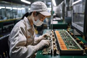 un chino trabajador se sienta detrás un transportador cinturón dónde placas base, papas fritas, y procesadores son fabricado, generativo ai. foto