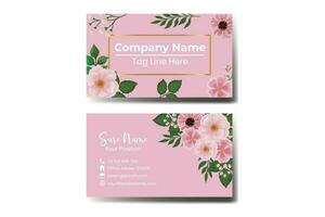 Business Card Template Pink Flower .Double-sided Blue Colors. Flat Design Vector Illustration. Stationery Design