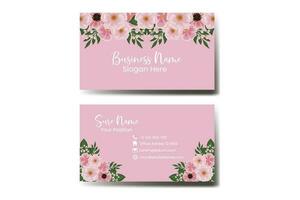 Business Card Template Pink Flower .Double-sided Blue Colors. Flat Design Vector Illustration. Stationery Design