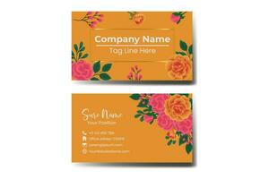 Business Card Template Orange Rose Flower .Double-sided Blue Colors. Flat Design Vector Illustration. Stationery Design