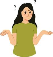 portrait of confused young owman with question mark and hand gestures clueless thinking illustration vector