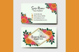 Business Card Template Orange Rose Flower .Double-sided Blue Colors. Flat Design Vector Illustration. Stationery Design