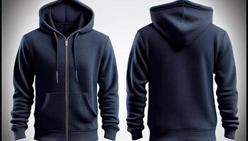 Zip-up Hoodie print mockup, 3d render, Front and back, copy space, photo