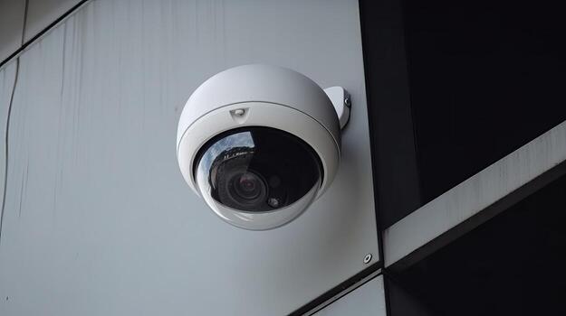 Security camera on progressed building. Able understanding cameras. Creative resource, photo