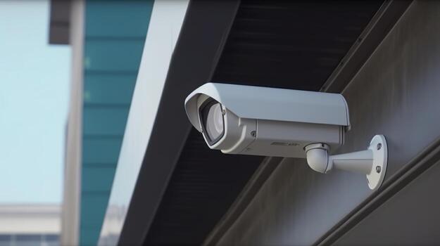 Security camera on progressed building. Able understanding cameras. Creative resource, photo