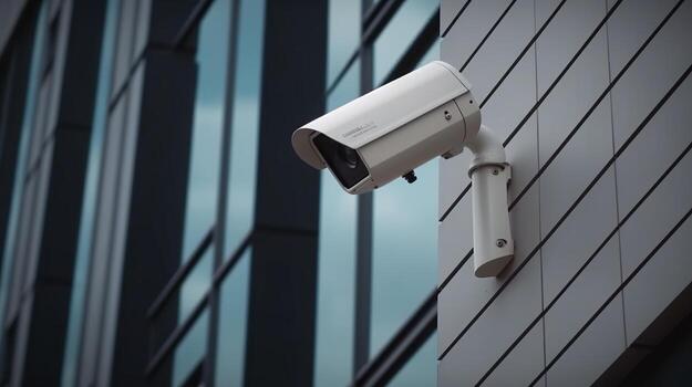 Security camera on progressed building. Able understanding cameras. Creative resource, photo