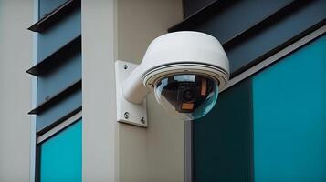 Security camera on progressed building. Able understanding cameras. Creative resource, photo