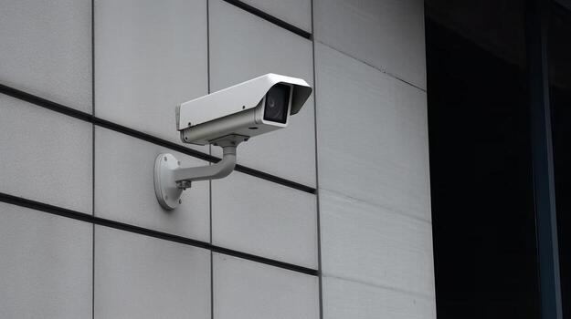 Security camera on progressed building. Able understanding cameras. Creative resource, photo