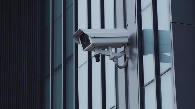 Security camera on progressed building. Able understanding cameras. Creative resource, photo