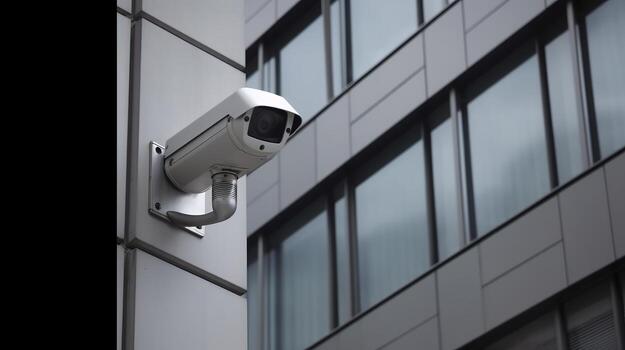 Security camera on progressed building. Able understanding cameras. Creative resource, photo