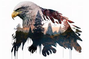 Bald eagle and the Pacific Northwest, double exposure photography. . Leader, courage, strong and brave, majestic lion. Scout photo