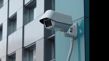 Security camera on progressed building. Able understanding cameras. Creative resource, photo