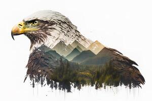 Bald eagle and the Pacific Northwest, double exposure photography. . Leader, courage, strong and brave, majestic lion. Scout photo