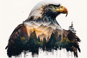 Bald eagle and the Pacific Northwest, double exposure photography. . Leader, courage, strong and brave, majestic lion. Scout photo