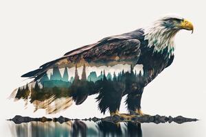 calvo águila y el Pacífico noroeste, doble exposición fotografía. generativo ai. líder, coraje, fuerte y corajudo, majestuoso león. explorar foto