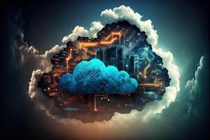 Cloud computing technology concept background, digital illustration, network effect .data transfer cloud computing technology concept. photo