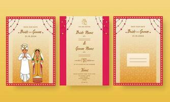 Double-Side Of Wedding Invitation Card With Indian Couple Greeting Namaste And Envelope Illustration Against Yellow Background. vector