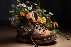 , Old boot with meadow spring flowers, handmade shoe planter. Environmental activism concept photo