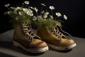 , Old boot with meadow spring flowers, handmade shoe planter. Environmental activism concept photo