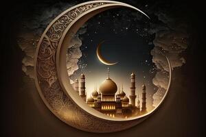 Islamic greeting Eid Mubarak cards for Muslim Holidays.Eid-Ul-Adha festival celebration.Arabic Ramadan Lantern . Crescent Islamic with mosque for Ramadan Kareem. photo