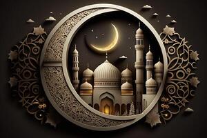 islámico saludo eid Mubarak tarjetas para musulmán vacaciones.eid-ul-adha festival celebracion.arabe Ramadán linterna . generativo ai creciente islámico con mezquita para Ramadán kareem foto