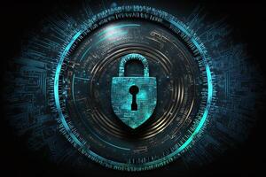 Cyber security information security and encryptions, , Cybersecurity illustration with high-tech padlock protecting a laptop computer and electronic online information symbols, graphics. photo