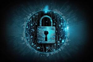 Cyber security information security and encryptions, , Cybersecurity illustration with high-tech padlock protecting a laptop computer and electronic online information symbols, graphics. photo
