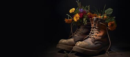 , Old boot with meadow spring flowers, handmade shoe planter. Environmental activism concept photo