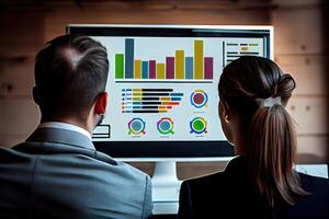 businessman and woman sitting in front of a computer screen, staring intently at their website's analytic dashboard, Show the website as a vibrant, media platforms, advertising channels. photo