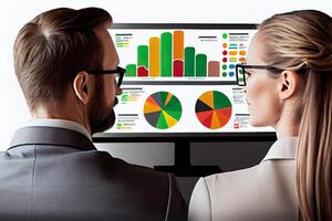 businessman and woman sitting in front of a computer screen, staring intently at their website's analytic dashboard, Show the website as a vibrant, media platforms, advertising channels. photo