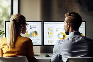 businessman and woman sitting in front of a computer screen, staring intently at their website's analytic dashboard, Show the website as a vibrant, media platforms, advertising channels. photo