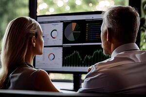 businessman and woman sitting in front of a computer screen, staring intently at their website's analytic dashboard, Show the website as a vibrant, media platforms, advertising channels. photo