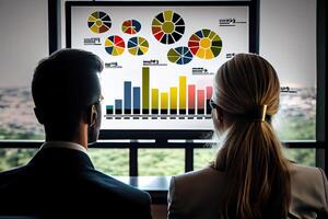 businessman and woman sitting in front of a computer screen, staring intently at their website's analytic dashboard, Show the website as a vibrant, media platforms, advertising channels. photo