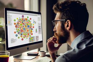 young businessman sitting in front of a computer screen, staring intently at their website's analytic dashboard, Show the website as a vibrant, media platforms, advertising channels. photo