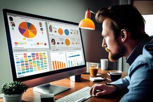 young businessman sitting in front of a computer screen, staring intently at their website's analytic dashboard, Show the website as a vibrant, media platforms, advertising channels. photo