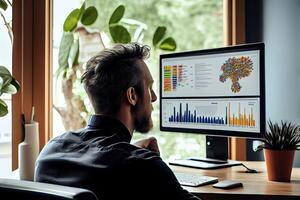generativo ai joven empresario sentado en frente de un computadora pantalla, curioso atentamente a su sitio web analítico panel, espectáculo el sitio web como un vibrante, medios de comunicación plataformas, publicidad canales foto