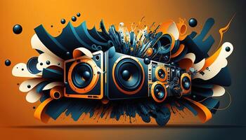 Background banner Music and sound with some technology, orange and dark blue color.Gold music notes and treble clef on line wave of sound tune. illustration template for music festival photo