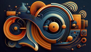 Background banner Music and sound with some technology, orange and dark blue color.Gold music notes and treble clef on line wave of sound tune. illustration template for music festival photo