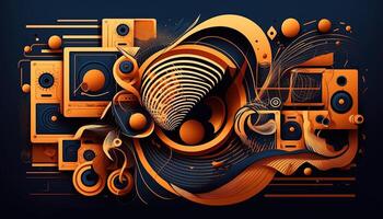 Background banner Music and sound with some technology, orange and dark blue color.Gold music notes and treble clef on line wave of sound tune. illustration template for music festival photo