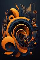 Background banner Music and sound with some technology, orange and dark blue color.Gold music notes and treble clef on line wave of sound tune. illustration template for music festival photo