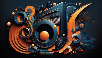 Background banner Music and sound with some technology, orange and dark blue color.Gold music notes and treble clef on line wave of sound tune. illustration template for music festival photo