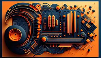 Background banner Music and sound with some technology, orange and dark blue color.Gold music notes and treble clef on line wave of sound tune. illustration template for music festival photo