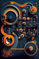 Generative AI Background banner Music and sound with some technology, orange and dark blue color.Gold music notes and treble clef on line wave of sound tune. illustration template for music festival photo